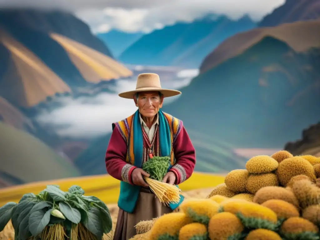 Un agricultor andino cosechando quinua dorada frente a montañas nevadas, mostrando la conexión vital con la tierra