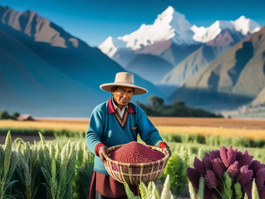 Un agricultor andino cosechando quinua con los Andes de fondo