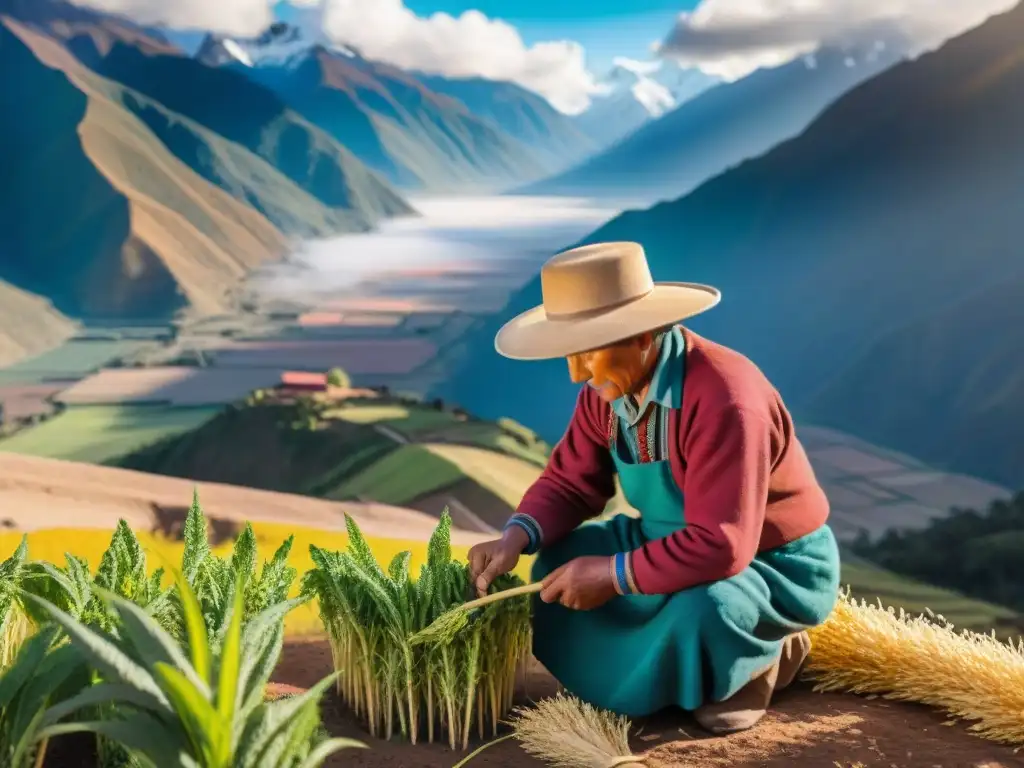 Un agricultor andino cosechando quinua bajo el sol, rodeado de montañas, resalta la integración supergranos andinos dietas vegetarianas