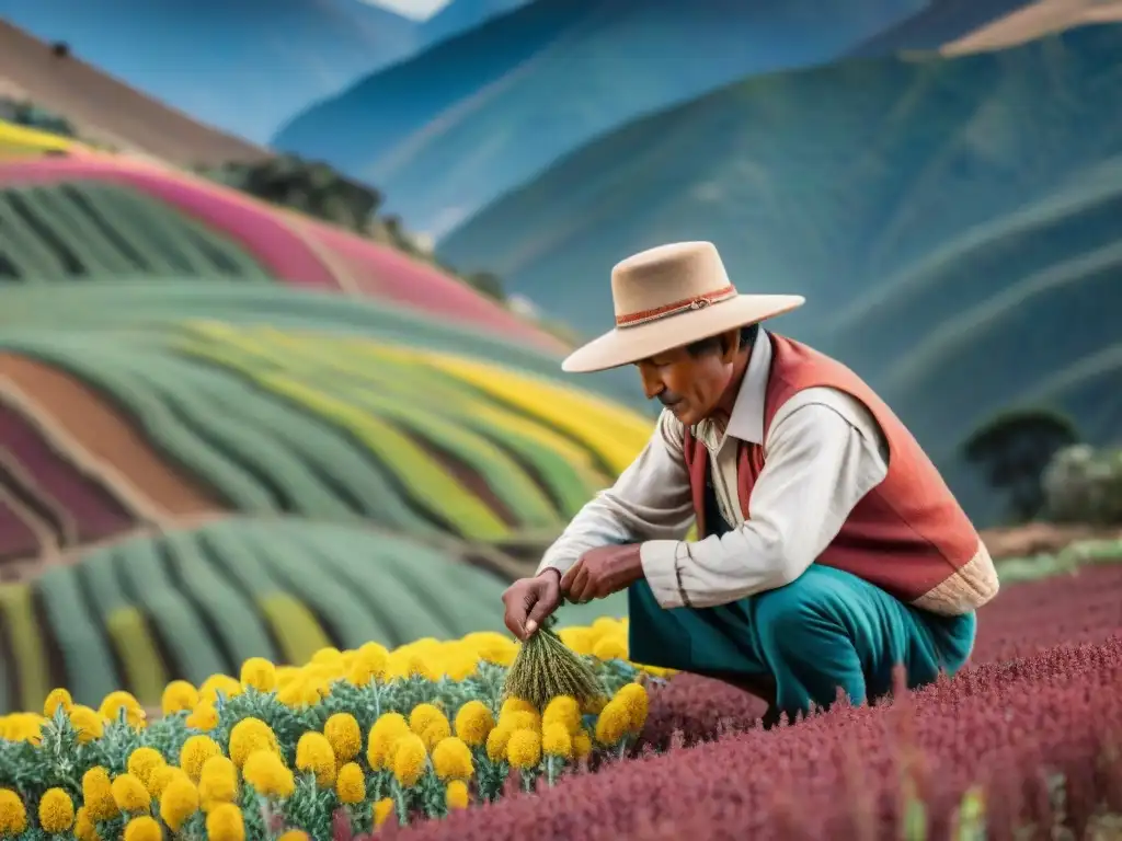 Un agricultor andino cuidadosamente cosechando quinua en los Andes