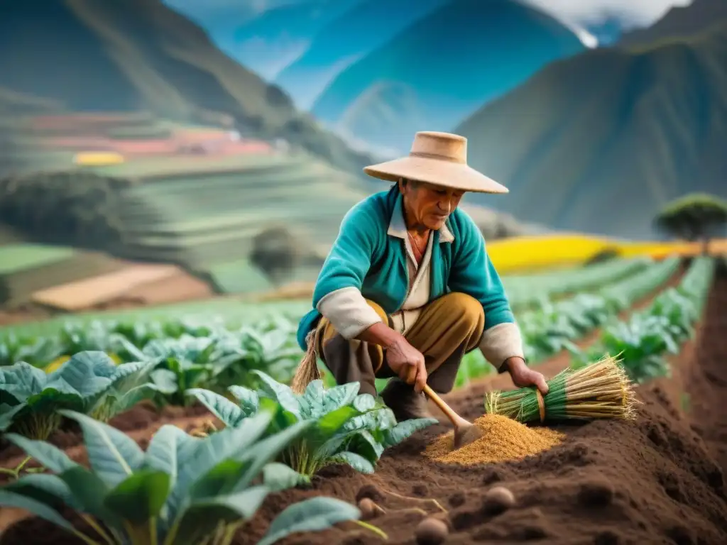 Un agricultor andino cosechando raíces de yacón entre paisajes verdes