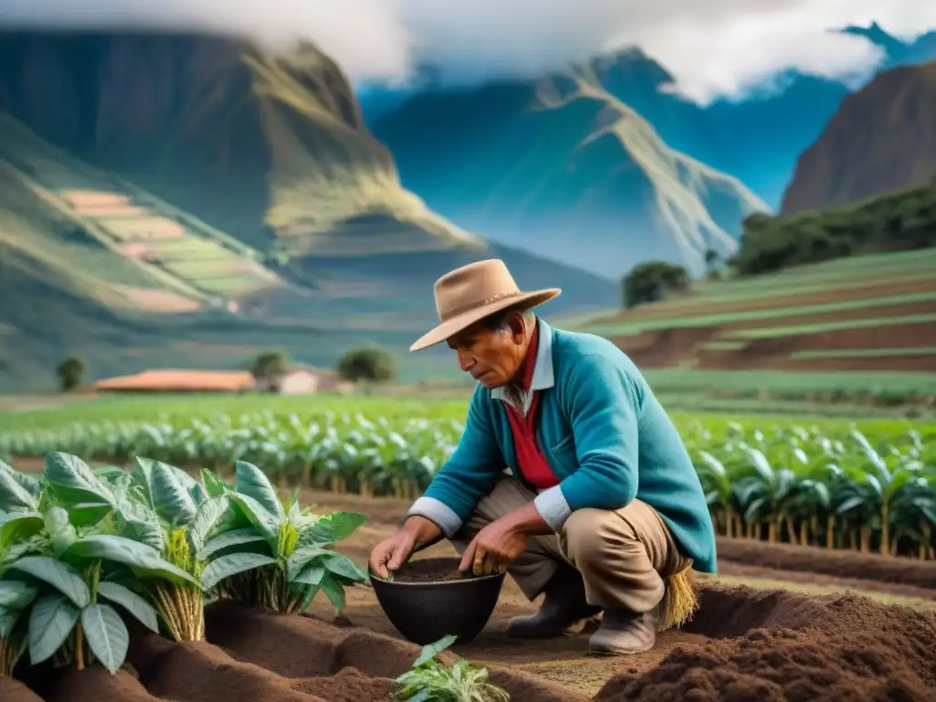 Un agricultor andino cosechando raíces de yacón, resaltando la rica tierra y paisaje montañoso