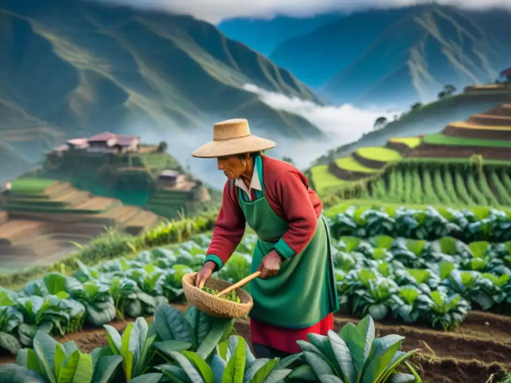 Un agricultor andino cosechando raíces de yacón, rodeado de plantas verdes y los picos nevados de los Andes