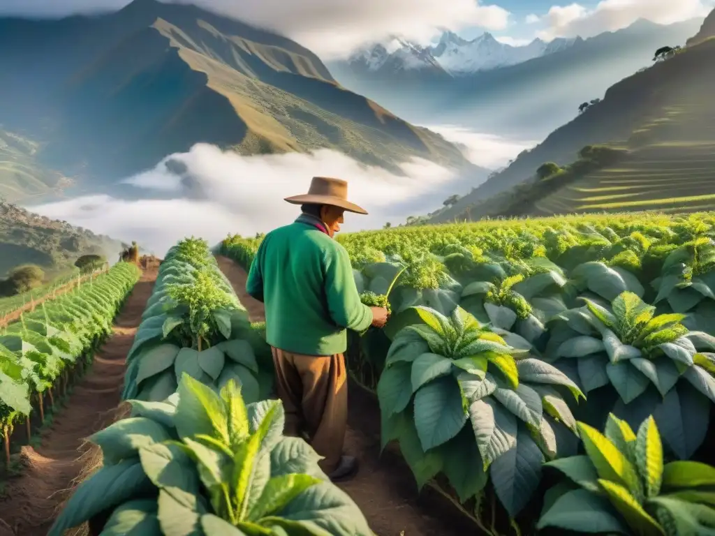 Un agricultor andino cosechando caigua bajo el sol matutino en los Andes