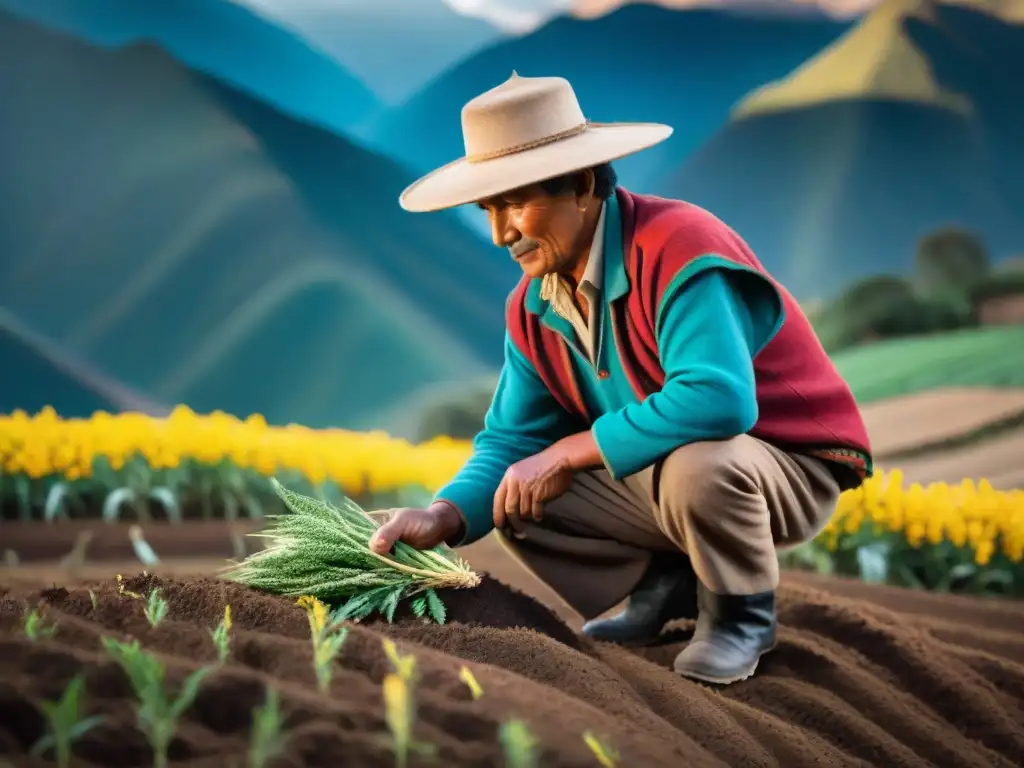 Un agricultor andino tradicional cultiva supergranos andinos en un campo soleado con montañas majestuosas al fondo