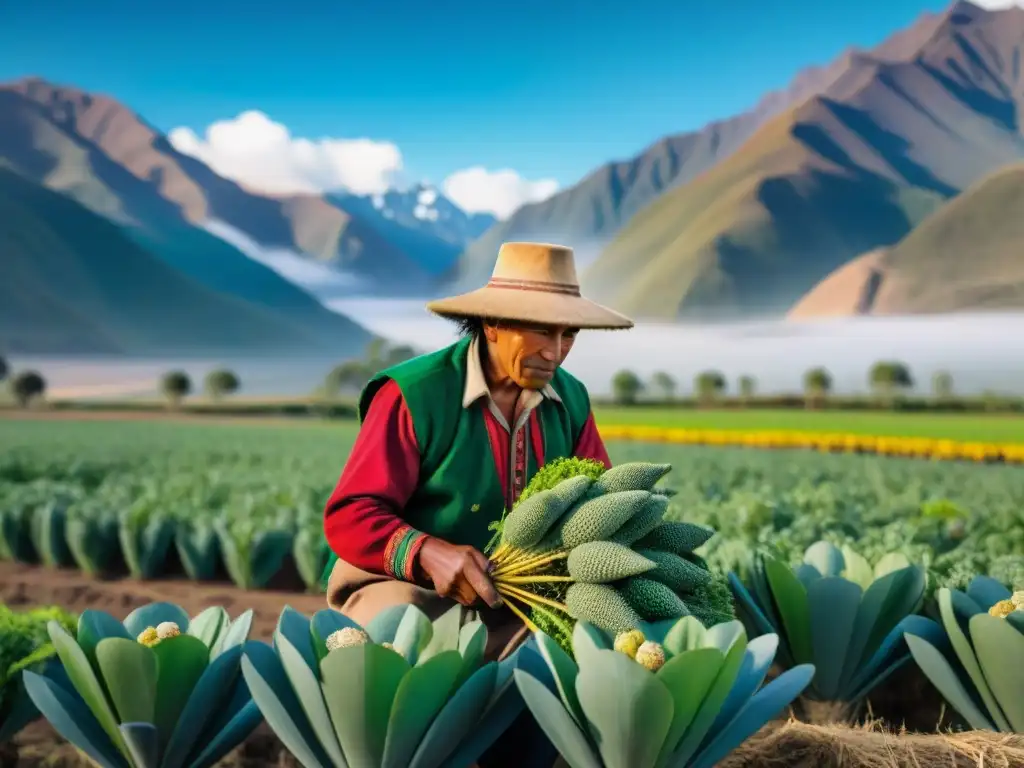 Un agricultor andino recolectando tarwi, con traje tradicional colorido y paisaje de montaña