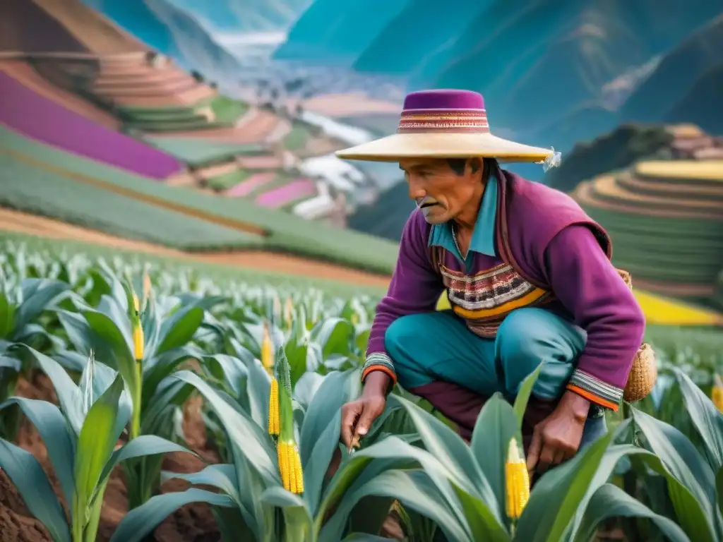 Un agricultor andino en terrazas cultivando maíz morado, destacando la importancia del maíz morado en Perú