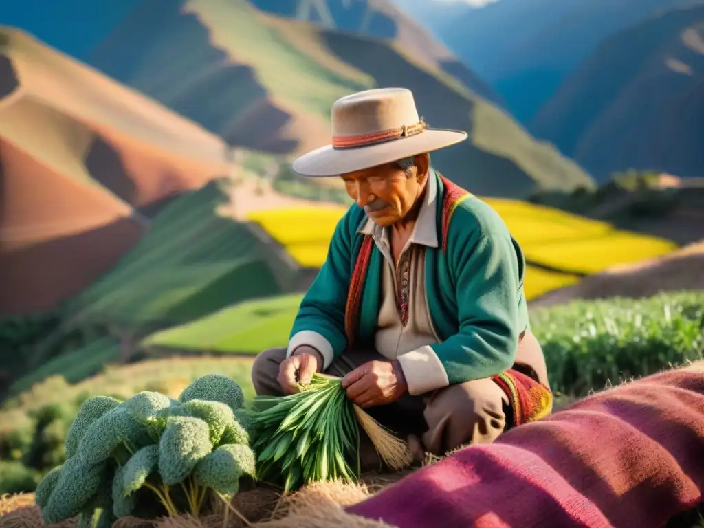 Un agricultor andino en textiles coloridos cuida cultivos de quinua, bajo el sol andino