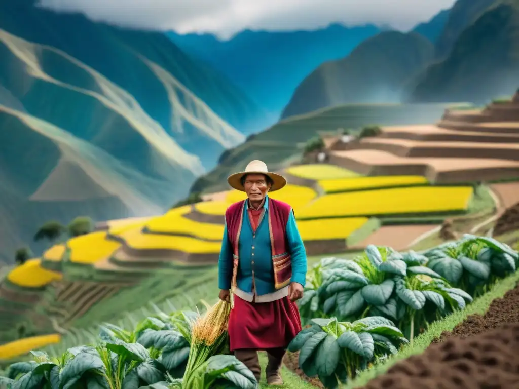 Un agricultor andino en armonía con la tierra, viste traje colorido y cultiva productos orgánicos en terrazas, rodeado de quinoa, papas y maíz