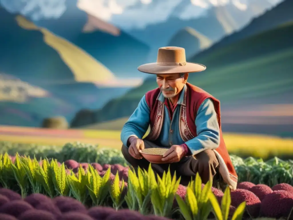 Un agricultor andino cuidando los vibrantes campos de quinua, con los Supergranos andinos en alimentación ancestral