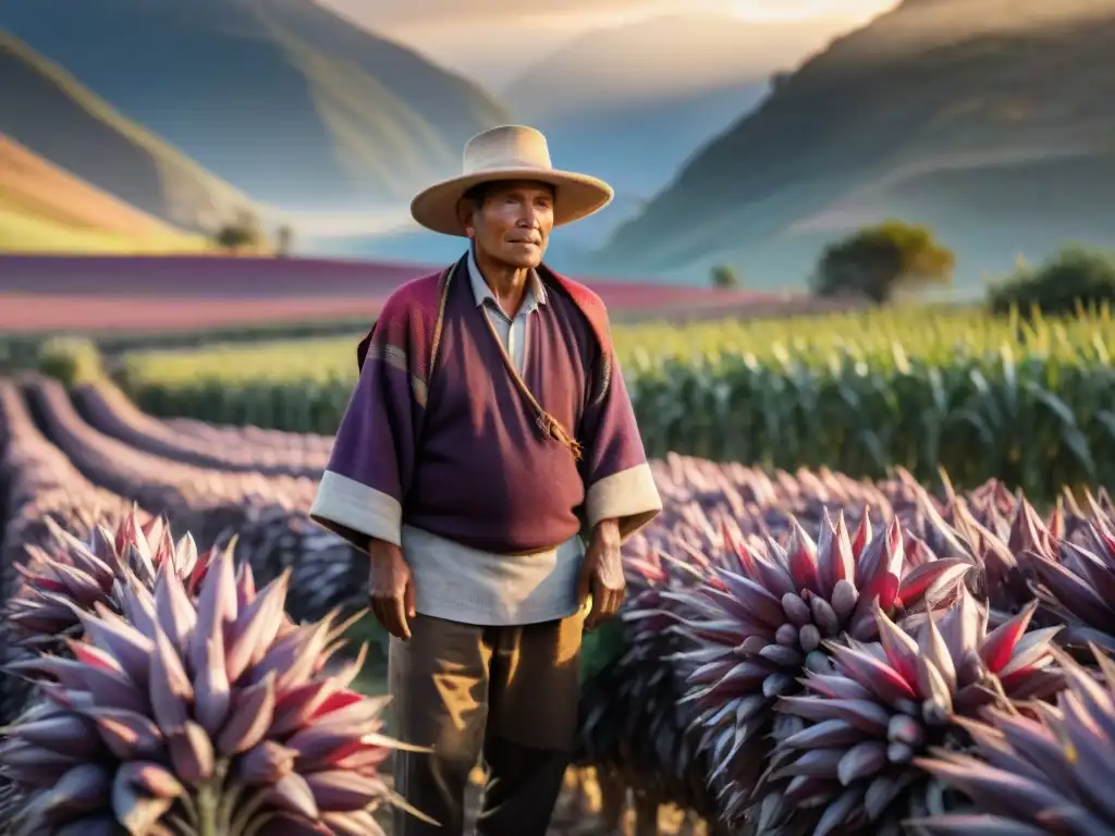 Un agricultor ayacuchano cosechando maíz morado rodeado de campos de quinua y papas al atardecer