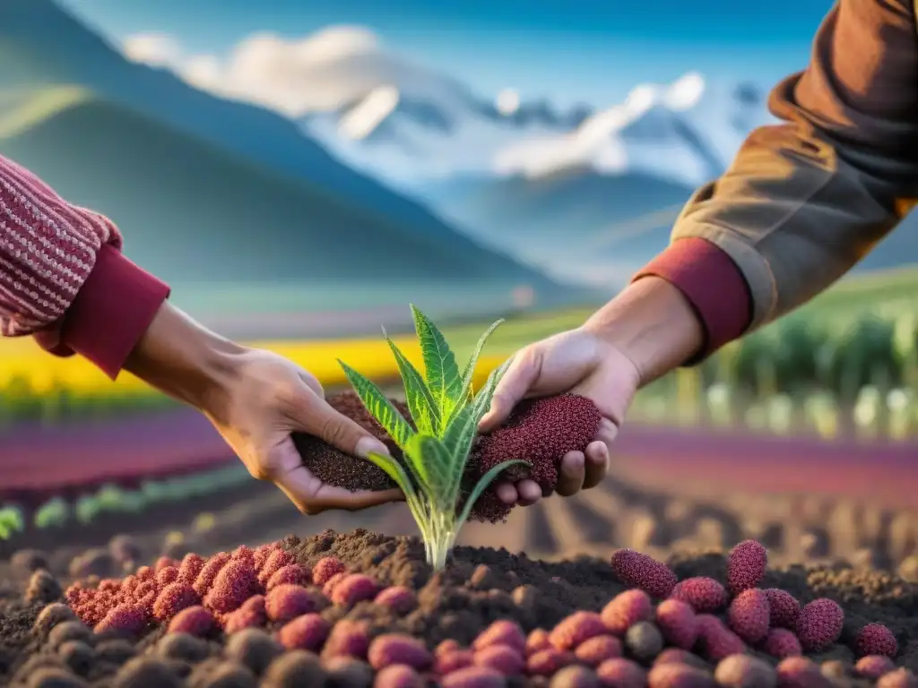 Un agricultor planta quinoa en los Andes, resaltando los beneficios supergranos andinos contra la desnutrición