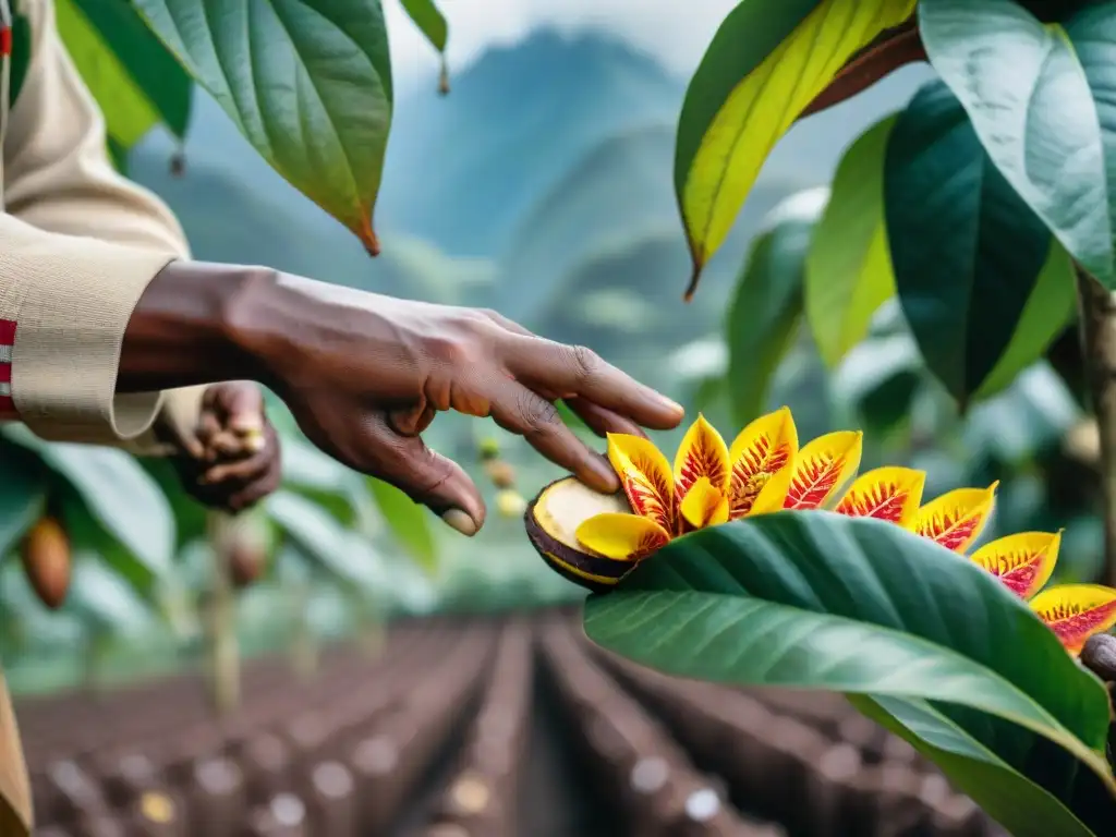 Un agricultor de cacao en Perú cuidadosamente poliniza flores en una plantación exuberante, mostrando los beneficios del cacao peruano