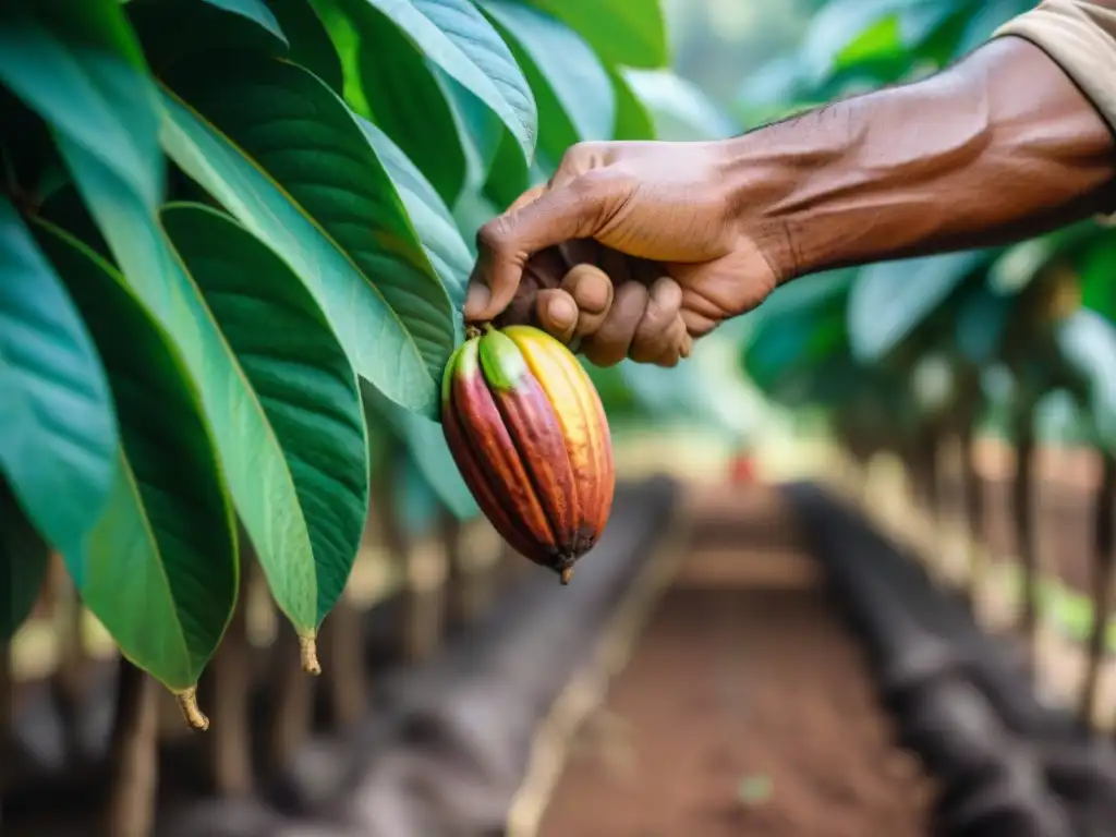 Un agricultor de cacao en Perú seleccionando cuidadosamente las vainas maduras en una plantación exuberante