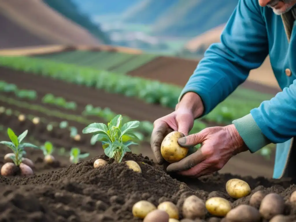 Un agricultor experimentado planta papas nativas en suelo fértil, mostrando dedicación