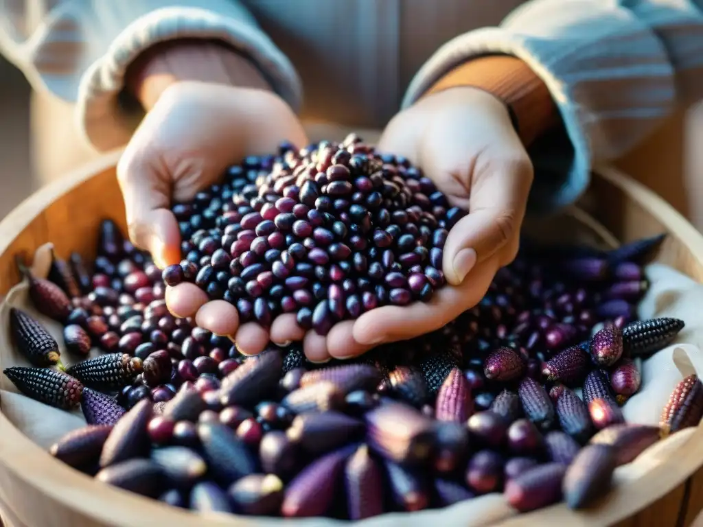 Un agricultor selecciona meticulosamente granos de maíz morado para chicha, resaltando la autenticidad y calidad