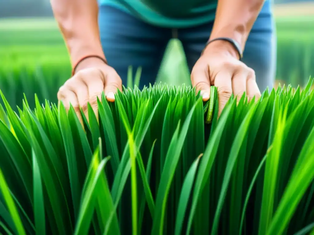 Un agricultor cosechando cuidadosamente hojas de Hierba Luisa en una plantación peruana