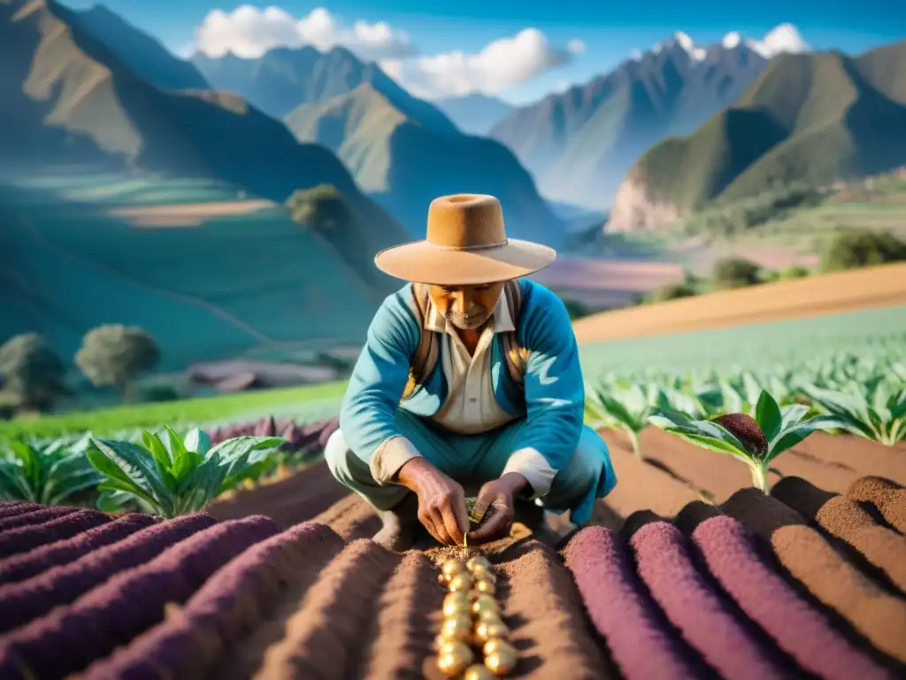 Un agricultor indígena peruano siembra semillas ancestrales de maíz morado y quinua en tierra fértil