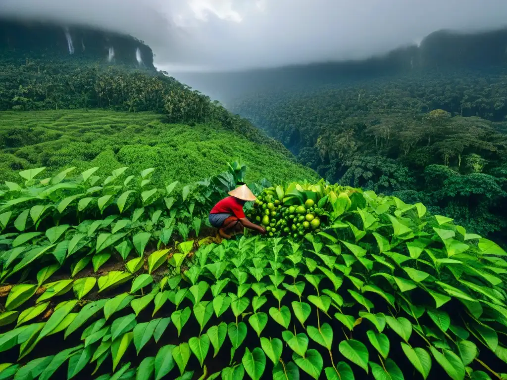 Un agricultor indígena cosechando sacha inchi en la selva amazónica, destacando los beneficios del sacha inchi