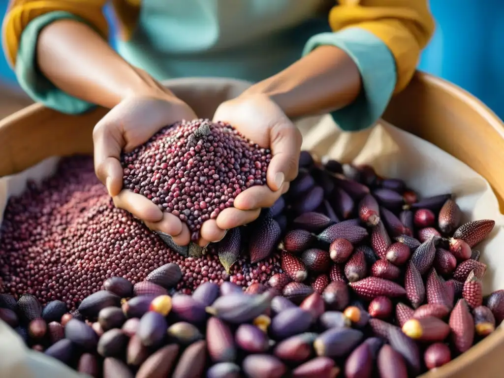 Un agricultor local selecciona maíz morado peruano para macerar piscos aromatizados con ingredientes autóctonos, bajo el cielo andino