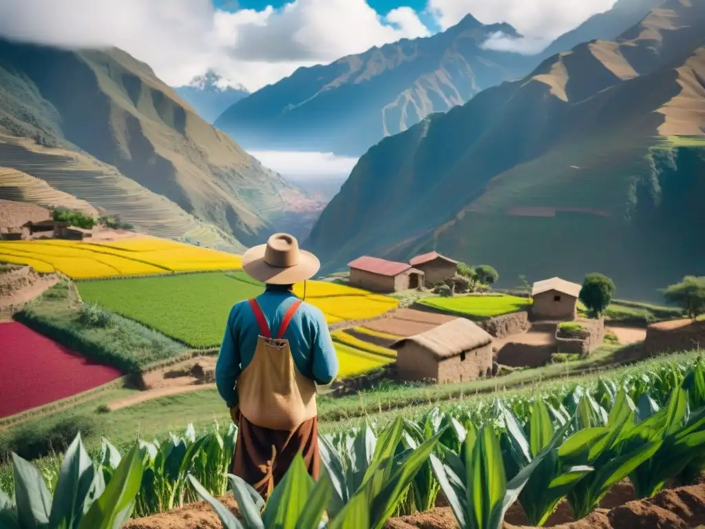 Un agricultor local en el Valle Sagrado cuida sus cultivos orgánicos bajo el sol, rodeado de quinoa, maíz y vegetales coloridos