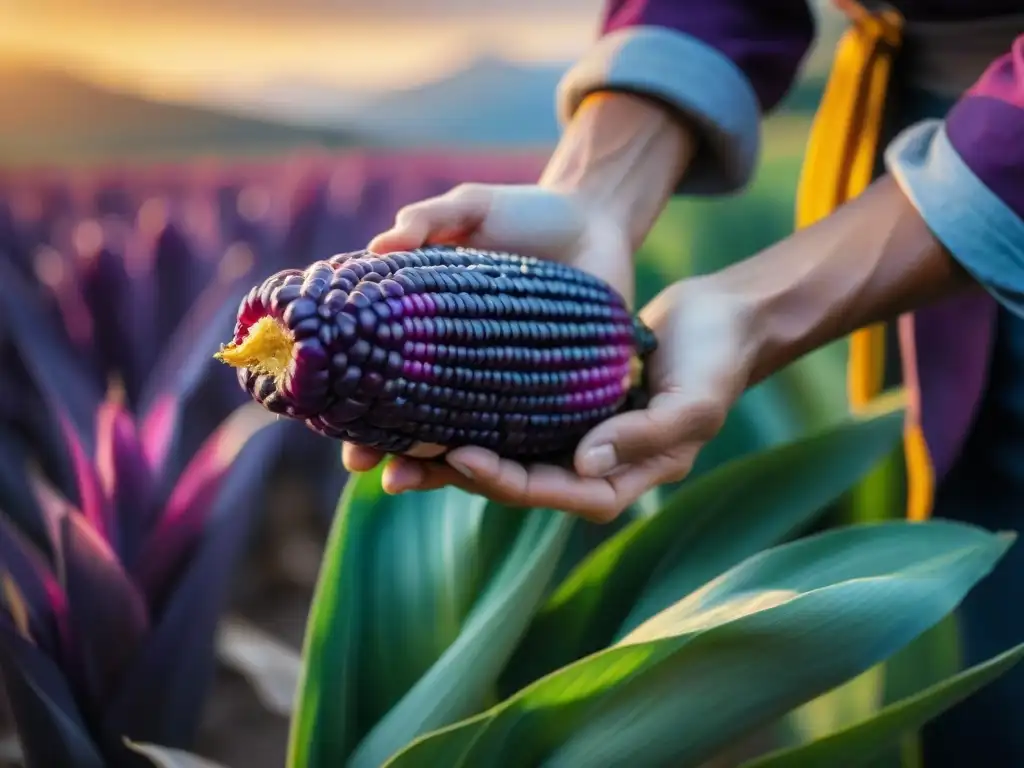 Un agricultor cosecha mazorca de maíz morado en los Andes al atardecer