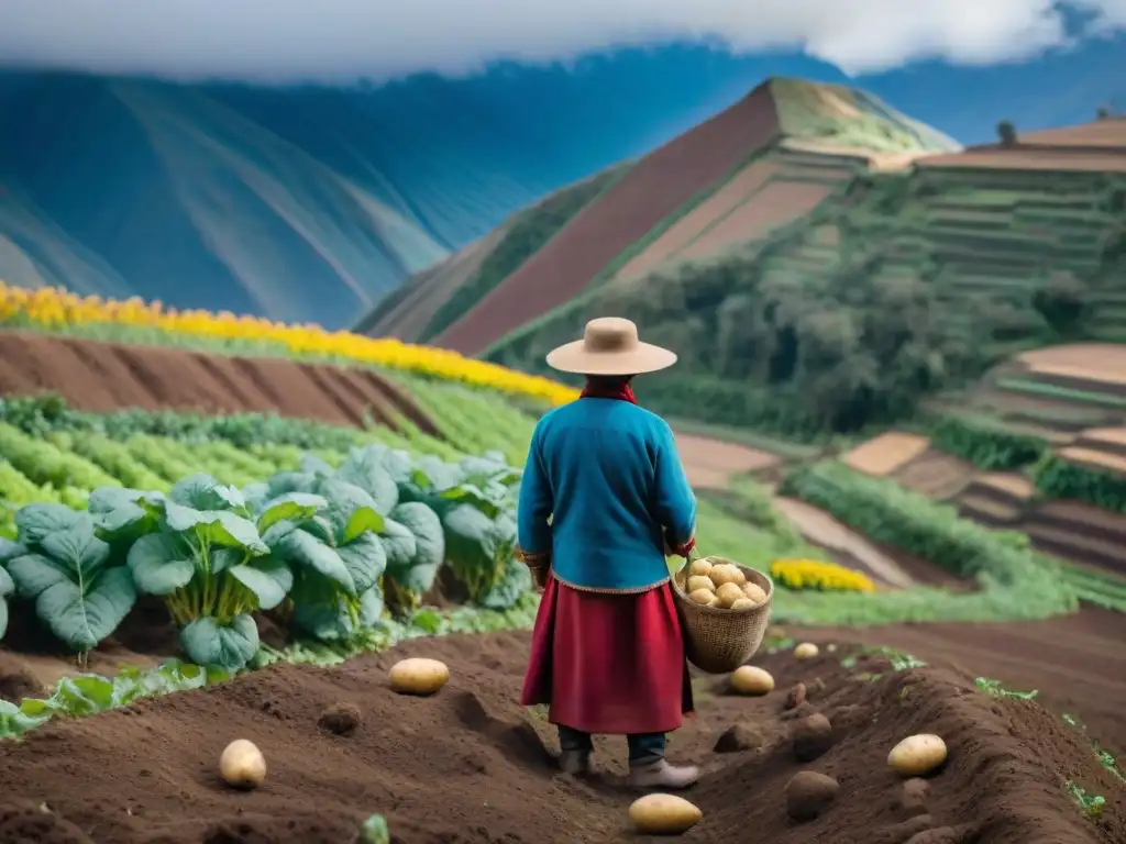 Un agricultor cosechando papas andinas en un paisaje andino vibrante, resaltando los beneficios nutricionales