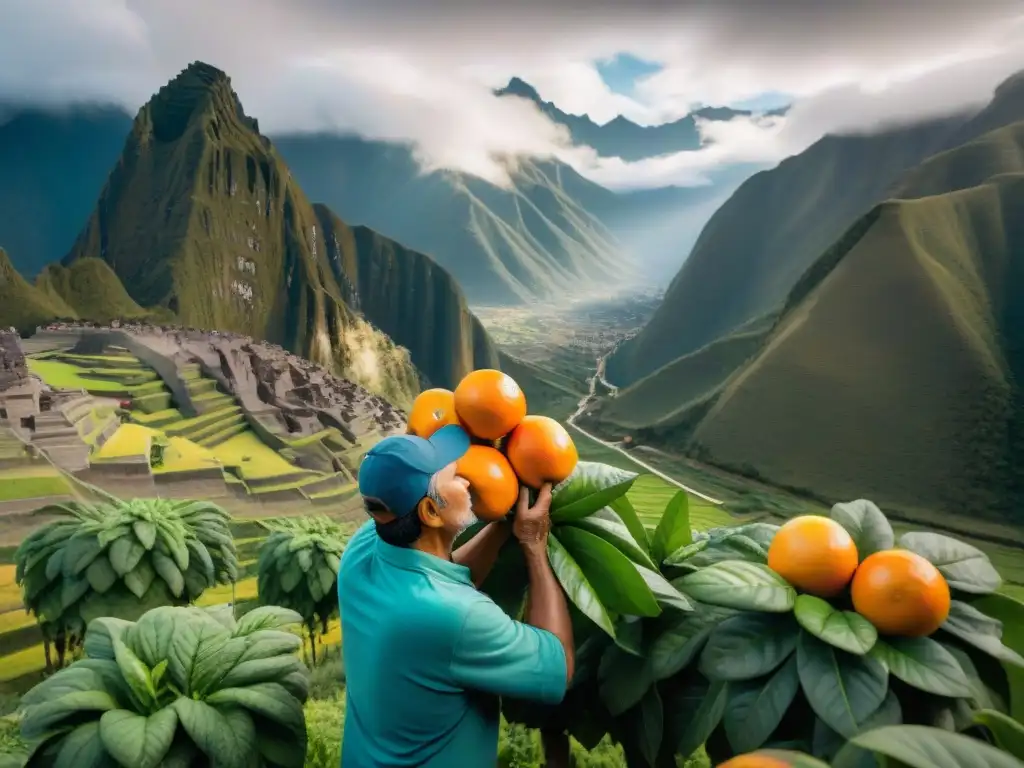 Recogida de aguaymanto en los Andes: tradición y belleza natural Un agricultor peruano cosechando aguaymanto con cuidado en los Andes