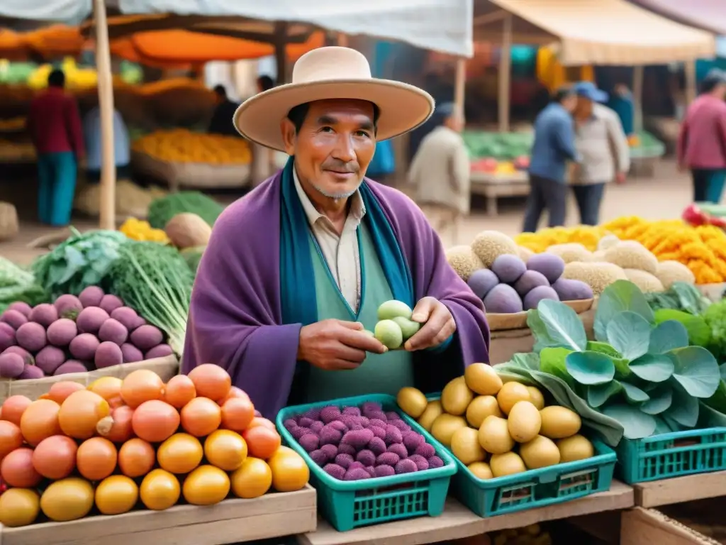 Un agricultor peruano selecciona alimentos sostenibles en gastronomía peruana en un mercado de Cusco