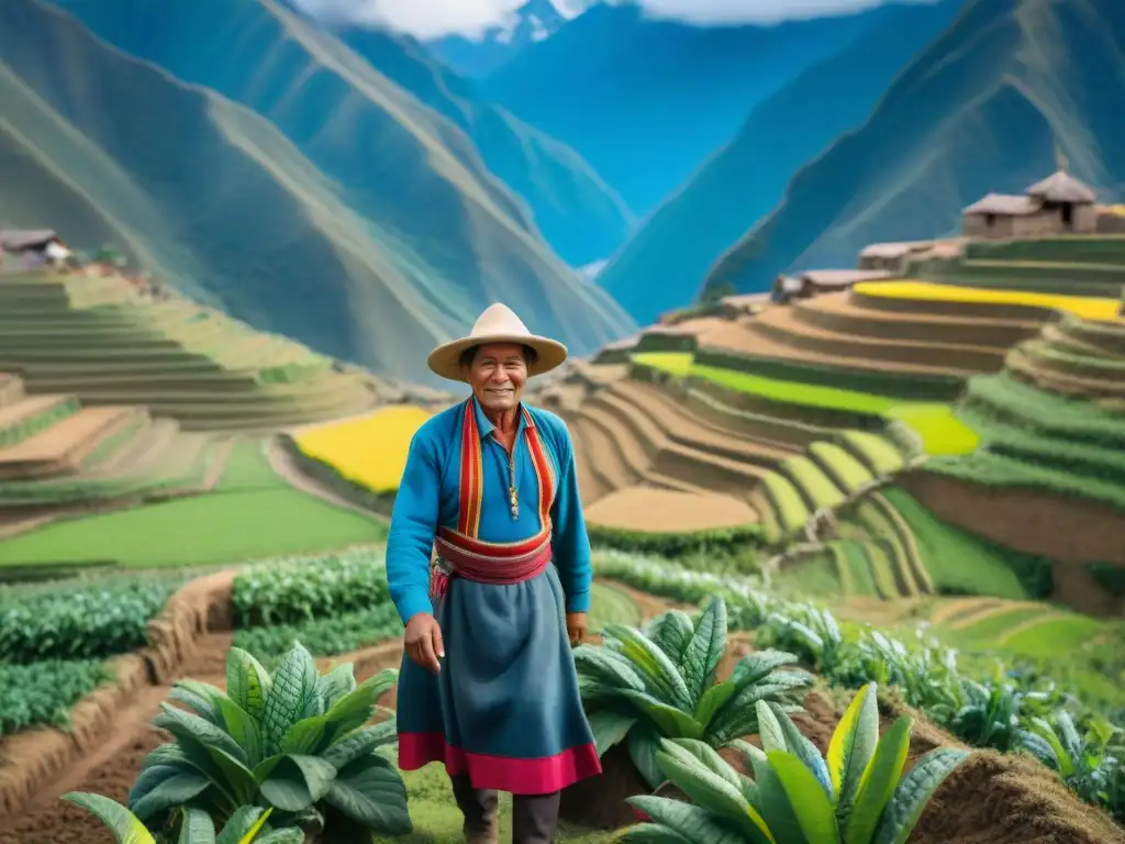 Un agricultor peruano cultiva alimentos sostenibles en los Andes, mostrando la belleza de la gastronomía peruana