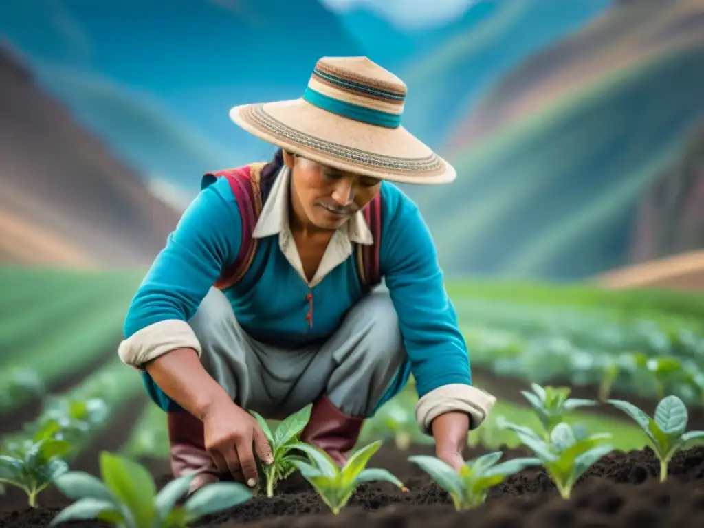 Un agricultor peruano cuida con amor un campo vibrante usando técnicas sostenibles en un suelo fértil, con majestuosas montañas andinas al fondo