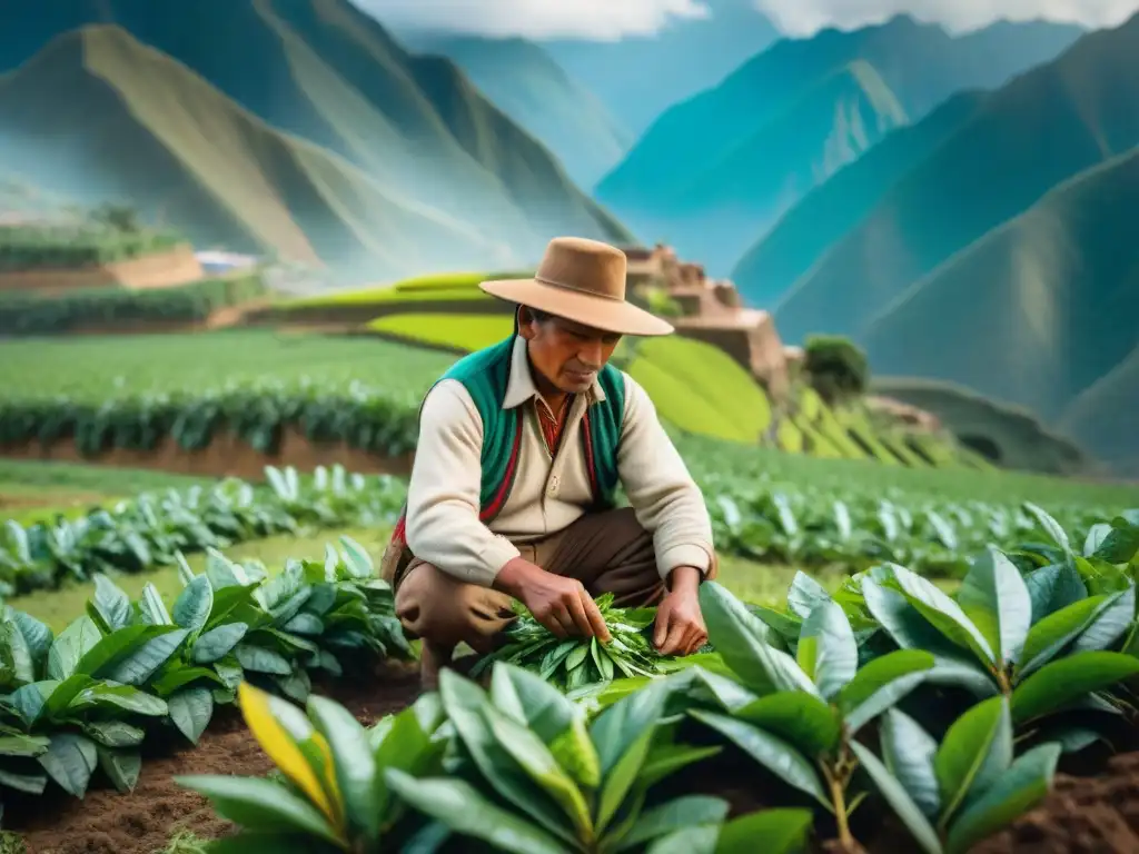 Un agricultor peruano en atuendo andino selecciona hojas de coca en los Andes