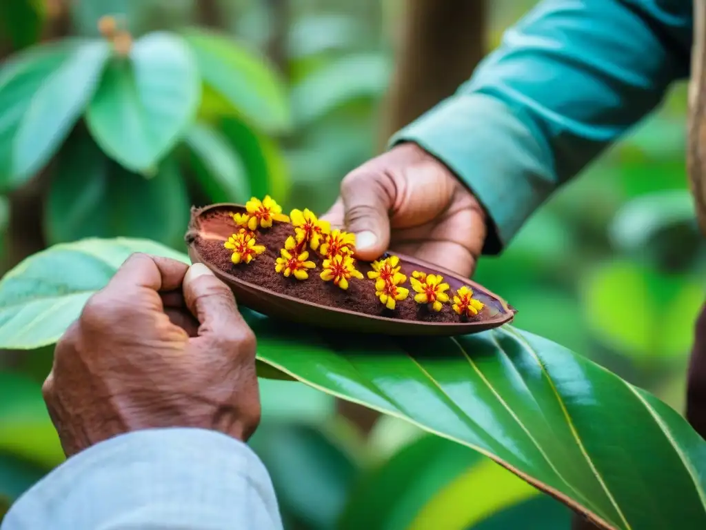 Un agricultor peruano autóctono pollinates de forma meticulosa flores de cacao en una plantación vibrante