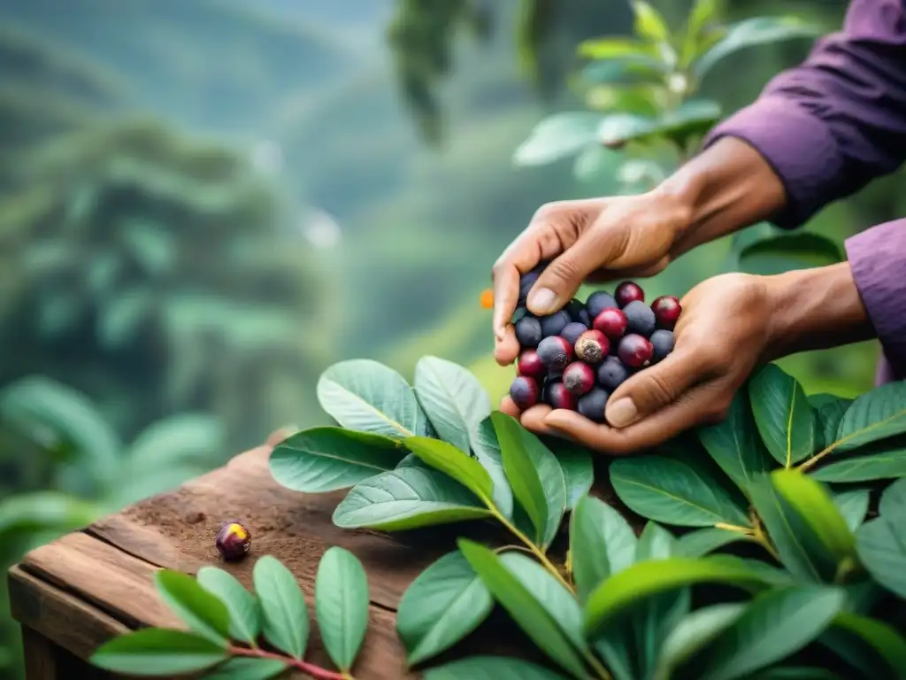 Un agricultor peruano cosechando bayas moradas de camu camu en la selva, mostrando la riqueza de los superalimentos peruanos descubrir guía