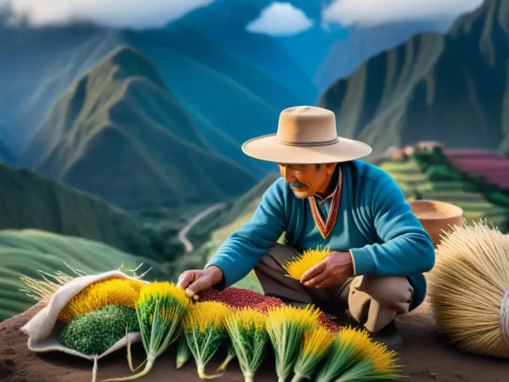 Un agricultor peruano seleccionando quinoa en los Andes, destacando los beneficios supergranos andinos envejecimiento