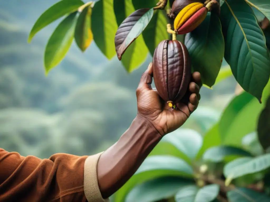 Un agricultor peruano de cacao recolecta cuidadosamente frutos maduros bajo un árbol de cacao, en una plantación exuberante