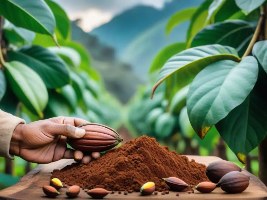 Un agricultor peruano de cacao selecciona manualmente los frutos maduros en una plantación exuberante