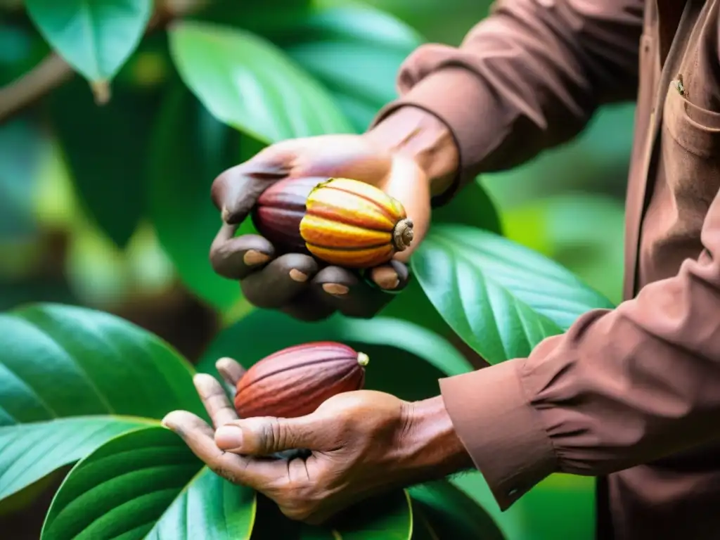 Un agricultor peruano seleccionando cacao maduro en una plantación, destacando la esencia de Innovaciones chocolate peruano 2021