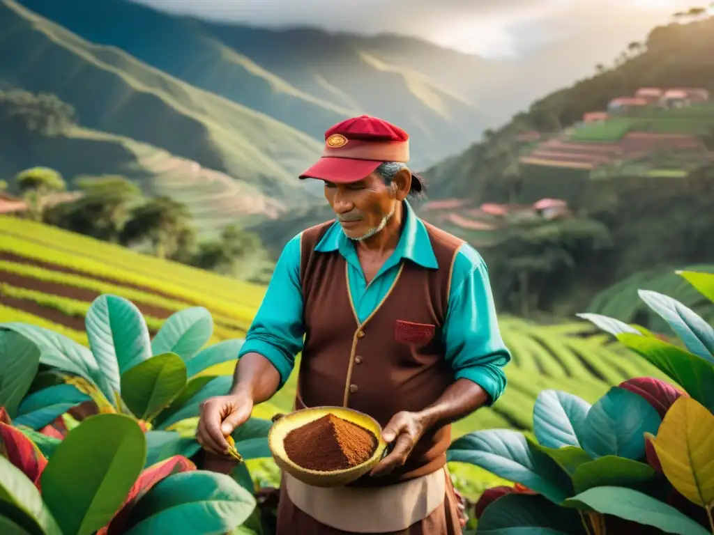 Un agricultor peruano cosechando cacao bajo el sol en Cusco, parte del proceso elaboración chocolate Perú