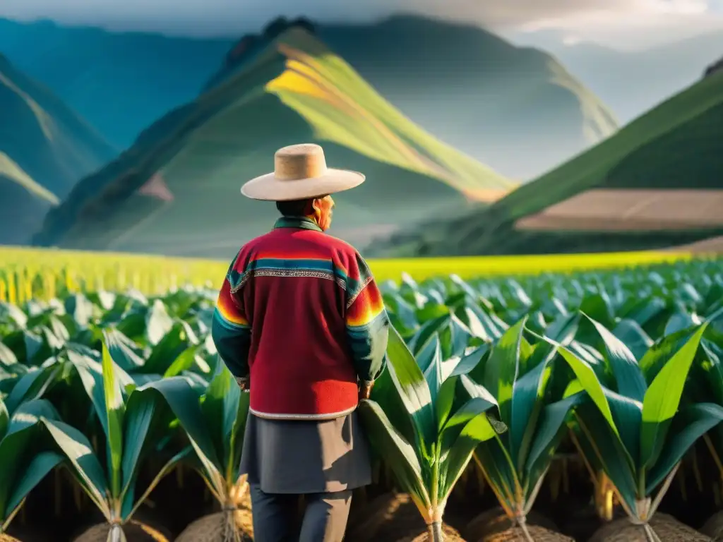 Un agricultor peruano inspeccionando maíz en campo andino, mostrando su conexión con el cultivo ancestral maíz peruano