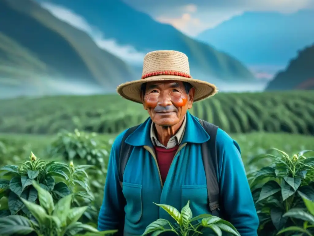 Un agricultor peruano cuida de un campo de ajíes, con los Andes de fondo