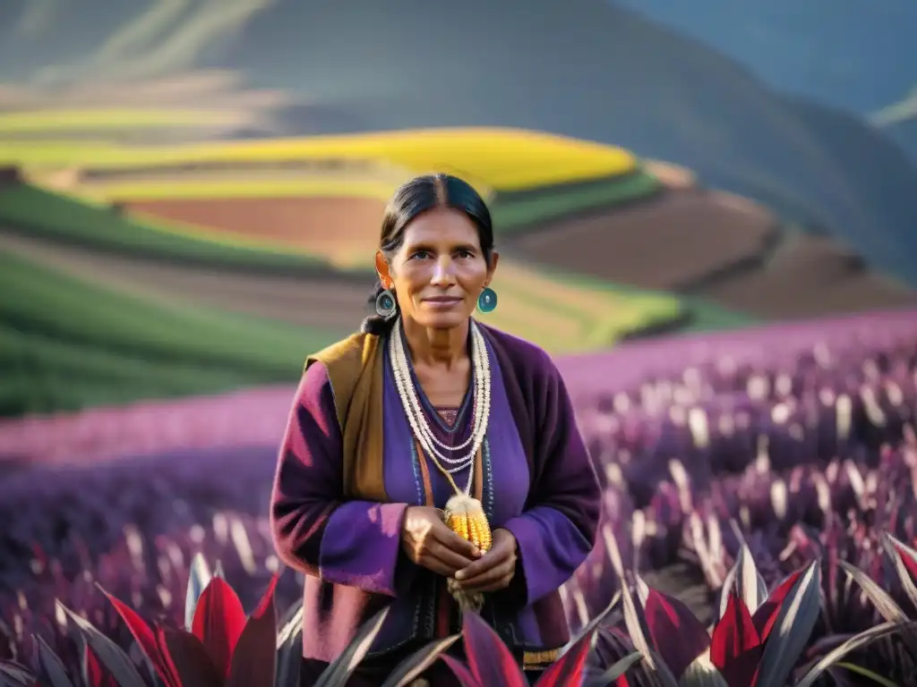 Un agricultor peruano en un campo de maíz morado al amanecer, mostrando los beneficios del maíz morado peruano