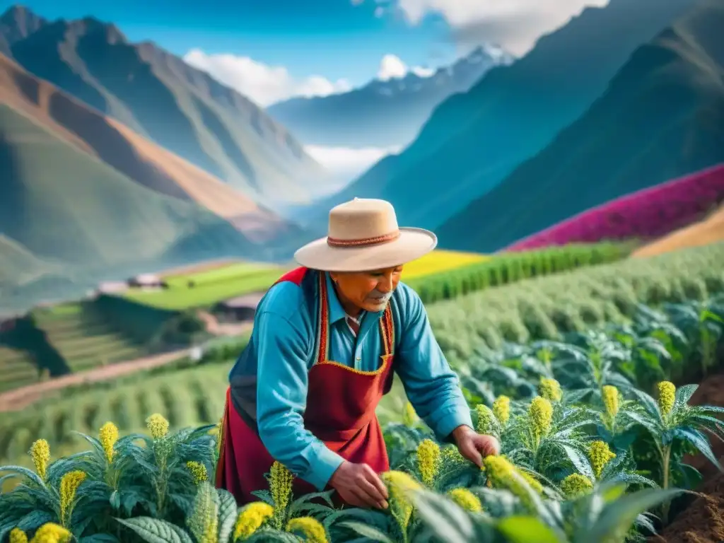 Un agricultor peruano cuidando un campo de quinua en los Andes, reflejando la cocina peruana sostenible