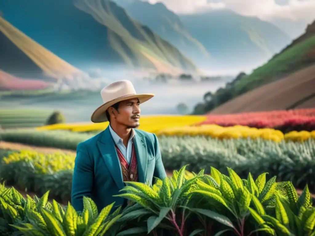 Un agricultor peruano en un campo de quinua, junto a los imponentes Andes