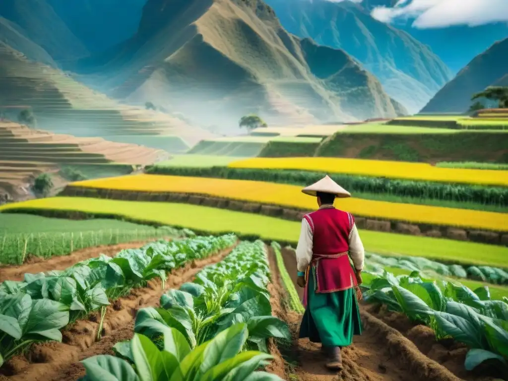 Un agricultor peruano en un campo verde con los Andes al fondo