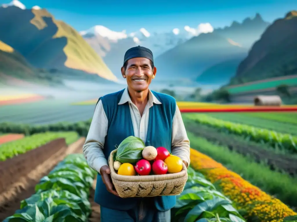 Un agricultor peruano en un campo vibrante, cosechando productos frescos, enfatizando las prácticas agrícolas sostenibles en Perú