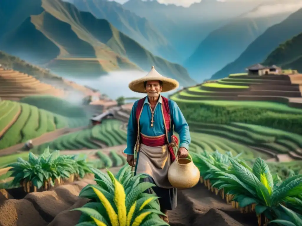 Un agricultor peruano cuidando campos de quinua en los Andes, destreza en la agricultura sostenible en Perú