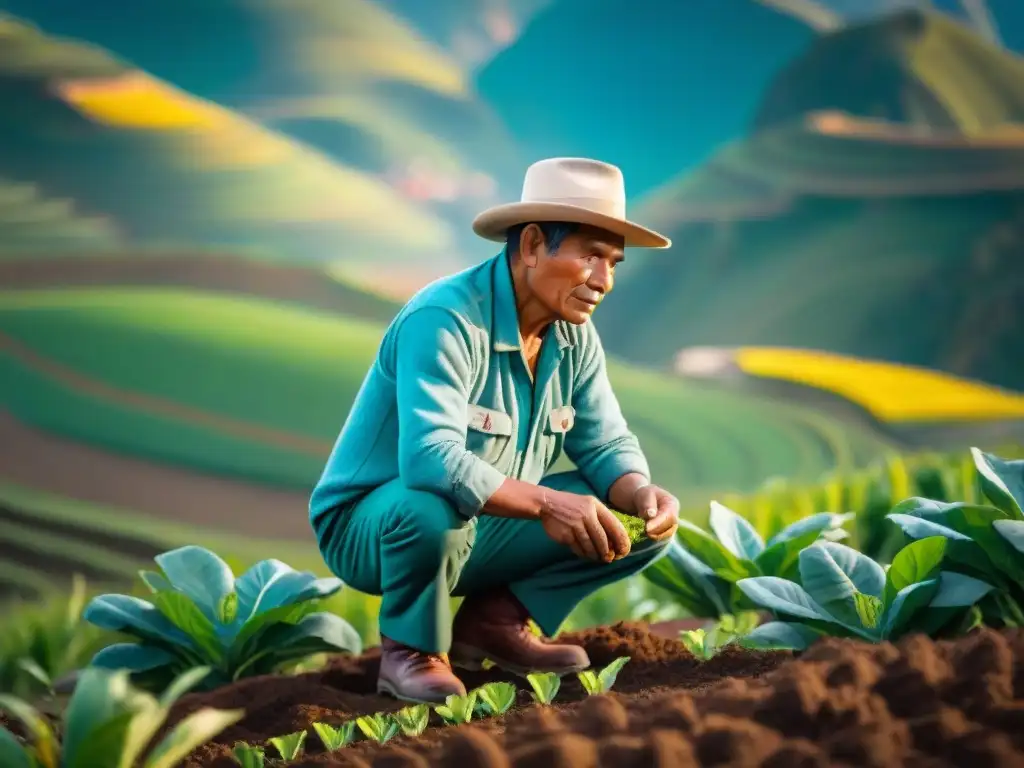 Un agricultor peruano cuida sus campos con técnicas sostenibles, bajo la cálida luz del atardecer