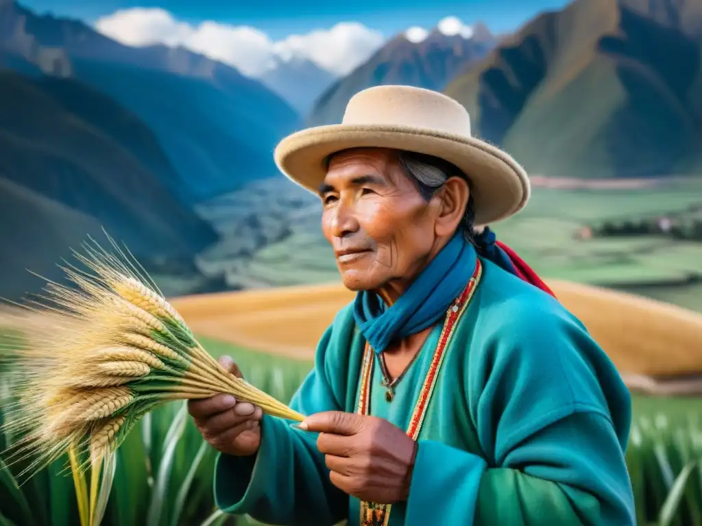 Un agricultor peruano cosechando cebada bajo el cielo azul de los Andes, mostrando la rica herencia agrícola