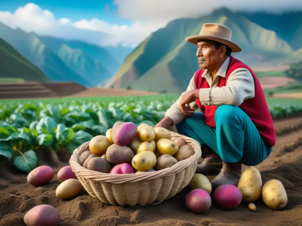 Un agricultor peruano sostiene una cesta rebosante de variadas papas en un campo andino